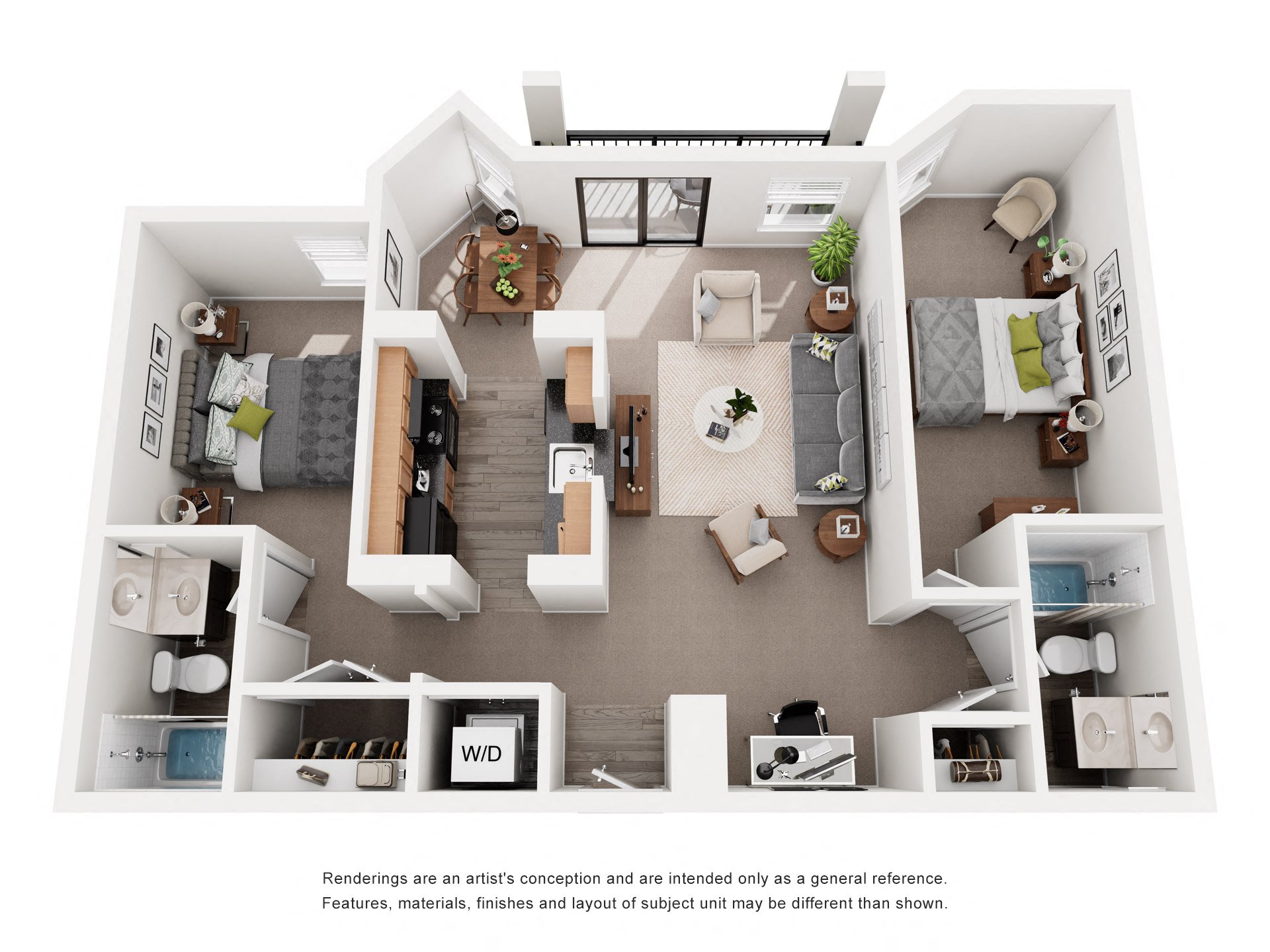 Floor plan for 2 beds, 2 baths, 750 sqft